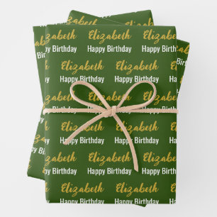 Happy Birthday Gold Script Name Dark Green & White Wrapping Paper Sheet