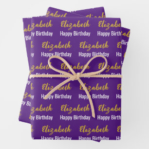 Happy Birthday Gold Script Name Purple & White Wrapping Paper Sheet