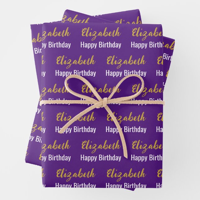 Happy Birthday Gold Script Name Purple & White Wrapping Paper Sheet (In situ)