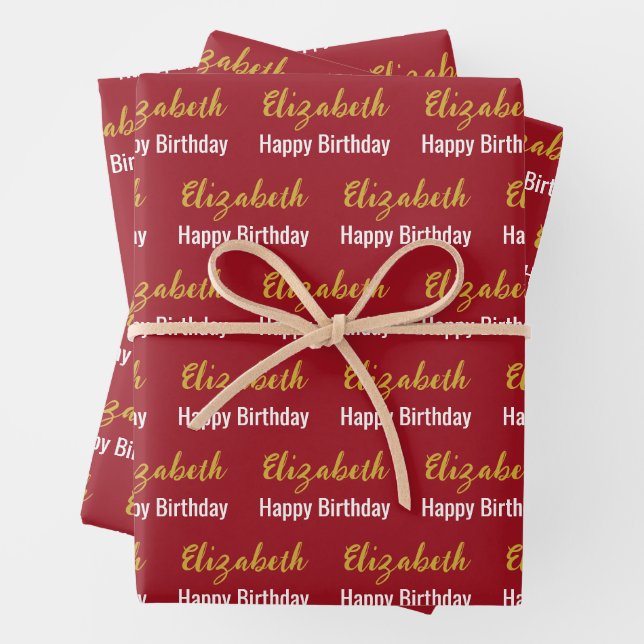 Happy Birthday Gold Script Name Ruby Red Wrapping Paper Sheet (In situ)