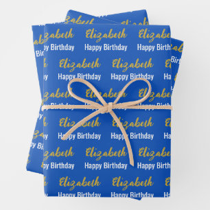 Happy Birthday Gold Script Name Sapphire Blue Wrapping Paper Sheet