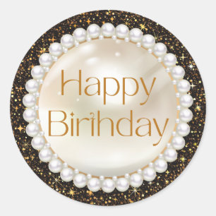happy birthday gold script pearls black glitters  classic round sticker