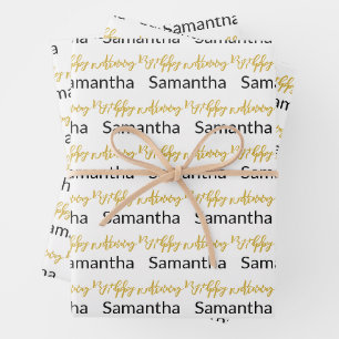 Happy Birthday Gold Script White Black Name Wrapping Paper Sheet