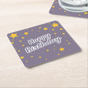 Happy Birthday Gold Stars on Blue Square Paper Coaster