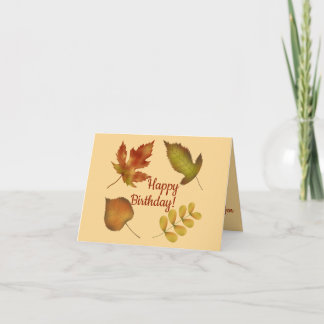 Happy birthday golden autumn leaves personalise card