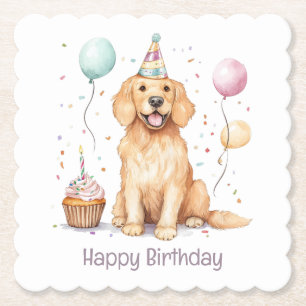 Happy Birthday Golden Retriever Dog Paper Coaster