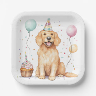 Happy Birthday Golden Retriever Dog Paper Plate