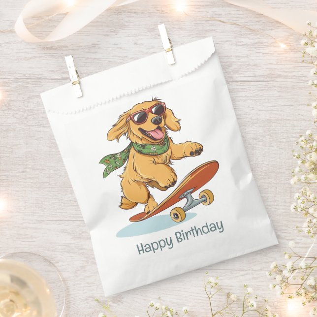 Happy Birthday Golden Retriever Dog Skateboarding Favour Bag (Clipped)