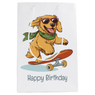 Happy Birthday Golden Retriever Dog Skateboarding Medium Gift Bag