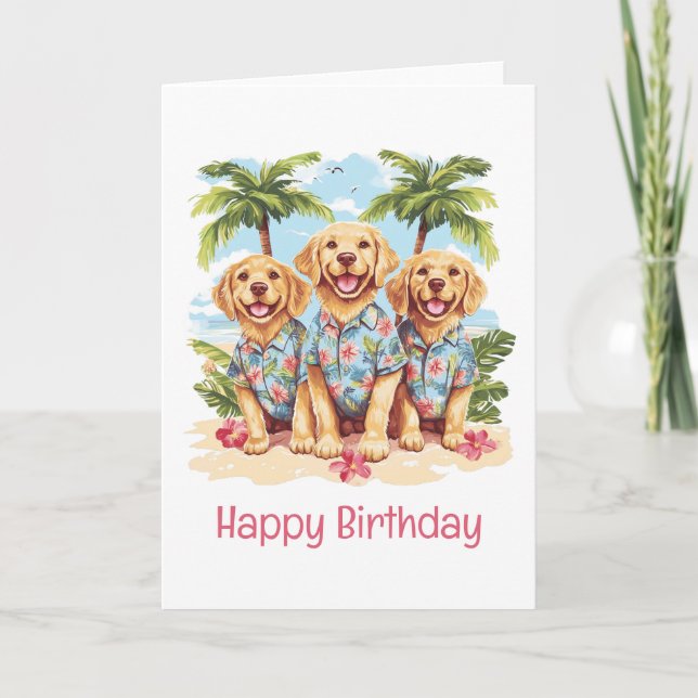 Happy Birthday Golden Retriever Dogs Hawaiian Card (Front)
