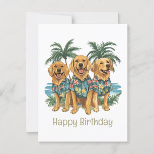 Happy Birthday Golden Retriever Dogs Hawaiian Postcard