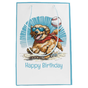 Happy Birthday Golden Retriever Playing Baseball Medium Gift Bag