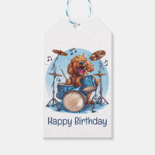 Happy Birthday Goldendoodle Dog Playing Drums Gift Tags