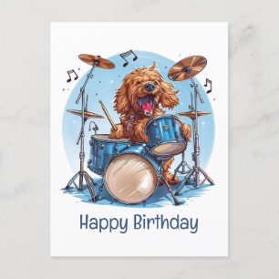 Happy Birthday Goldendoodle Dog Playing Drums Postcard