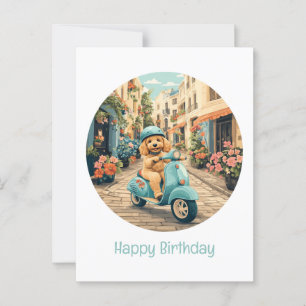 Happy Birthday Goldendoodle Dog Riding Scooter Postcard