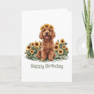 Happy Birthday Goldendoodle Dog Sunflower Crown Card