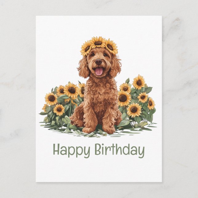 Happy Birthday Goldendoodle Dog Sunflower Crown Postcard (Front)