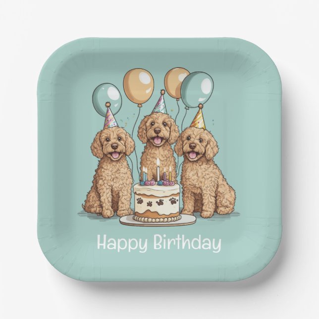 Happy Birthday Goldendoodle Dogs Paper Plate (Front)