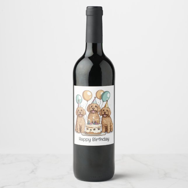 Happy Birthday Goldendoodle Dogs Wine Label (Front)