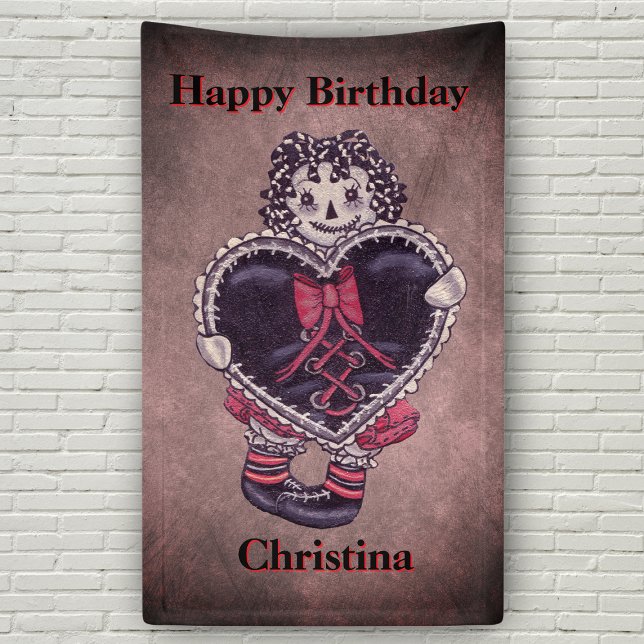 Happy Birthday Gothic Grunge Rag Doll Heart Banner (Gothic dark themed rag doll black heart on grungy pink dark grey Birthday Banner.)