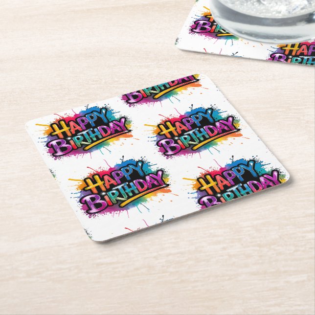 Happy Birthday Graffiti Pink Coaster (Angled)