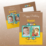 Happy Birthday Grandad photos brown and yellow Card<br><div class="desc">Personalise this Birthday greeting card for Grandad from the grandchildren,  or change the text to suit another person.
Designed in brown,  yellow gold,  turquoise blue,  grey,  with four photos and triangle shapes.
You're the best</div>