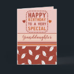 Happy birthday granddaughter leaf pattern orange card<br><div class="desc">Personalise this Birthday greeting Card for your granddaughter,  or change to suit.
Happy birthday to a very special granddaughter.
Designed in burnt orange,  orange and pink with a leaf pattern and love hearts.</div>