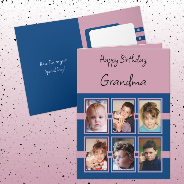 Happy Birthday Grandma add 6 photos blue pink Card (Creator Uploaded)