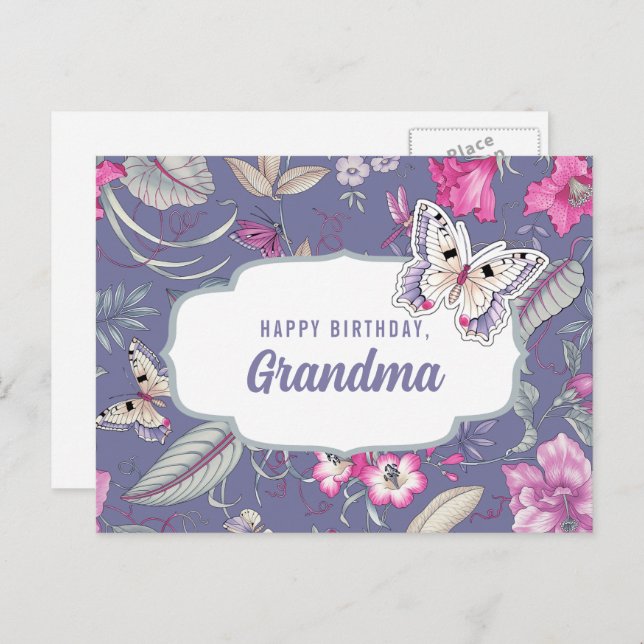 Happy Birthday, Grandma. Flowers & Butterfly Postcard (Front/Back)