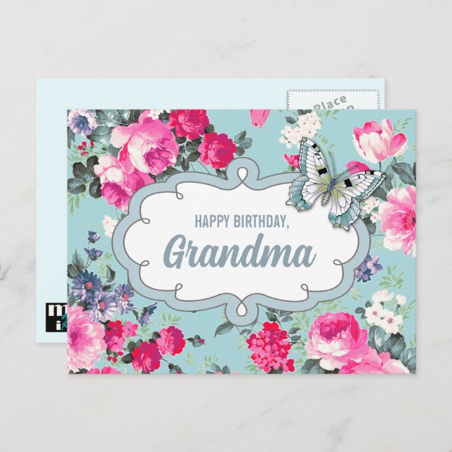 Happy Birthday, Grandma. Flowers & Butterfly Postcard (Front/Back)