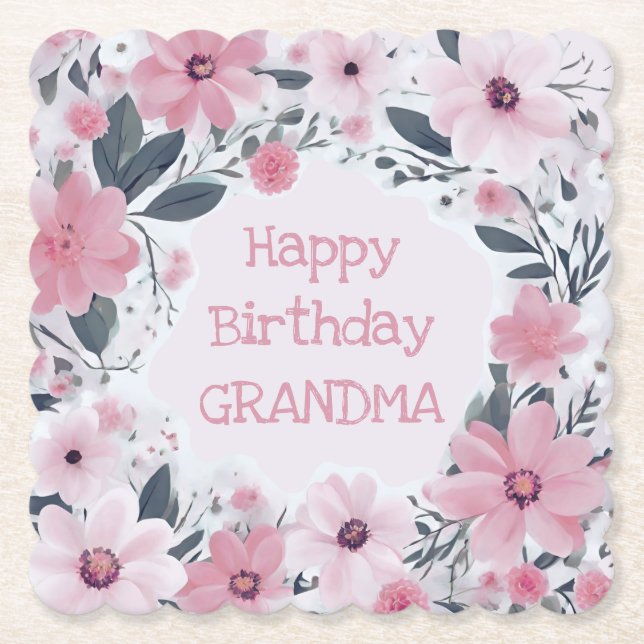 Happy Birthday Grandma Pastel Pink Flowers Floral Paper Coaster (Front)