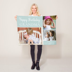 Happy Birthday Grandma Photo Collage Aqua Fleece Blanket