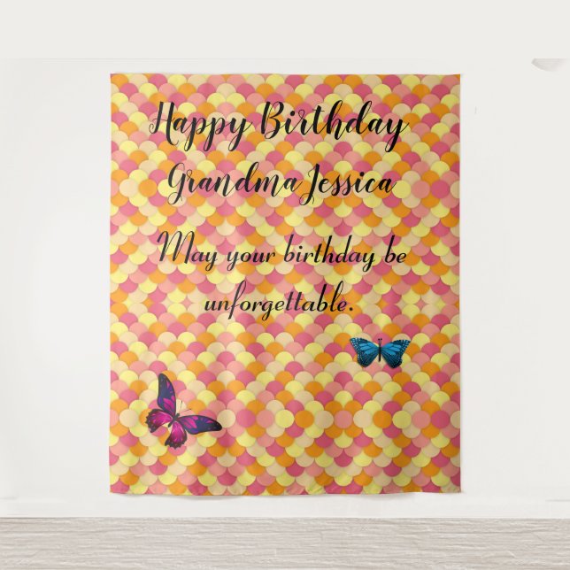 Happy Birthday Grandma Scallops Butterfly Pattern Tapestry (Front)