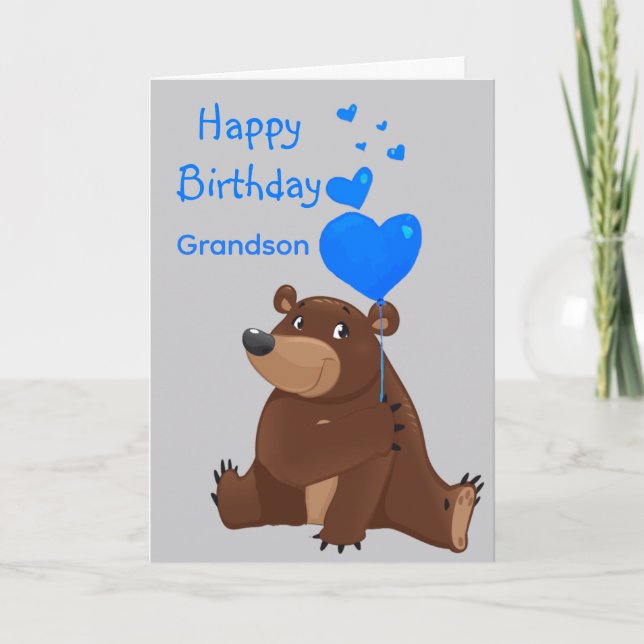 Happy Birthday Grandson Balloon  Bear Card (Front)