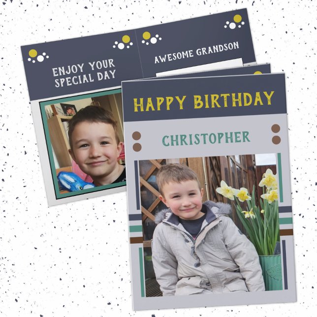 Happy Birthday Grandson best day photo name grey Card (Creator Uploaded)