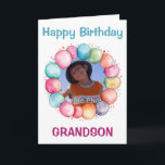 Happy Birthday Grandson Custom Photo Card<br><div class="desc">Sweet birthday card for your grandson. On the front is a round frame made from colourful balloons that will frame your photo. Over the photo in blue text are the words "Happy Birthday" while below the photo in a dark pinkish red text is the word "Grandson". Inside the card are...</div>