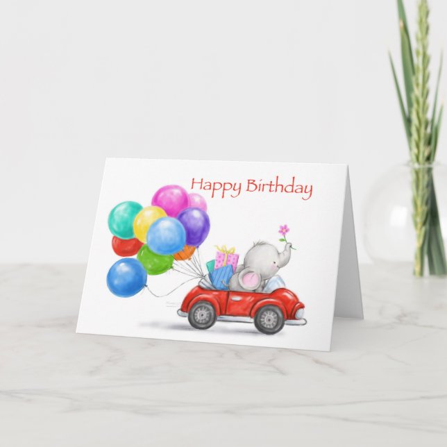 Happy birthday grandson, elephant driving red car card (Front)