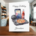 Happy Birthday Grandson Gaming and Pizza   Card<br><div class="desc">A cute watercolor gaming and snacking themed birthday card for a grandson. An ai illustration of a video game controllers, a soda, chips and pizza, and all the things teen boys like, on the front of the card. Have an awesome day on the inside. You can add a name in...</div>