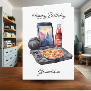 Happy Birthday Grandson Gaming and Pizza   Card