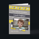 Happy Birthday Grandson grey and yellow photo Card<br><div class="desc">Personalise this Birthday Card for your Grandson
Designed in grey,  yellow and black
Add his name 
Happy Birthday
To a special Grandson
Have a great day</div>