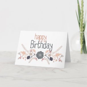 Happy Birthday Gray Blue Peach Floral Motif Card