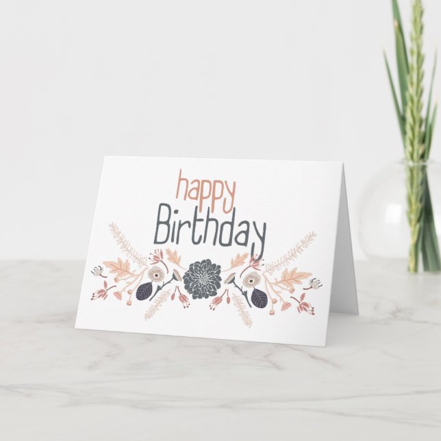 Happy Birthday Gray Blue Peach Floral Motif Card (Front)