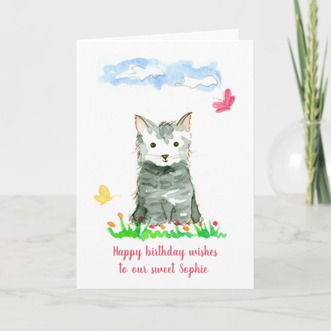 Happy Birthday Gray Kitten Custom Name Card (Front)