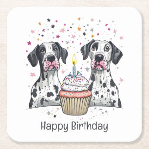 Happy Birthday Great Dane Dogs Cupcake Square Paper Coaster