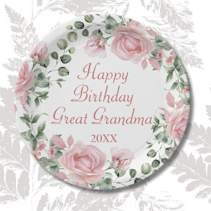 Happy Birthday Great Grandma Pink Floral Party  Paper Plate