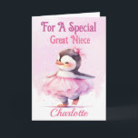 Happy Birthday Great Niece Penguin Pink Ballerina Card<br><div class="desc">A cute Birthday card designed for a special great / grand Niece . Design of a baby penguin dressed as a ballerina in a pink tutu with a pale pink and white snowy background . All text can be amended as needed . Customised by changing the title and who for...</div>