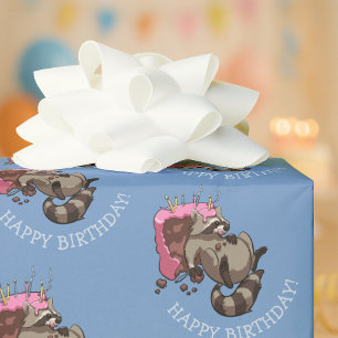 Happy Birthday! Greedy Cake Eater Cartoon Racoon Wrapping Paper