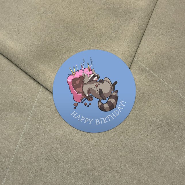 Happy Birthday! Greedy Racoon Cake Cartoon Classic Round Sticker (Creator Uploaded)