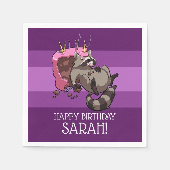 Happy Birthday Greedy Racoon Cake Cartoon Napkin (Front)