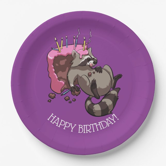 Happy Birthday Greedy Racoon Cake Cartoon Paper Plate (Front)